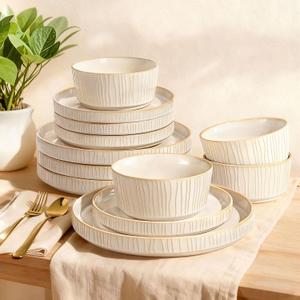 Stoneware Dinnerware Sets for 4, 12 Pcs Ribbed Reactive Glaze Ceramic Plates and Bowls Sets, Chip Resistant, Microwave Dishwasher Safe Dish Set, Housewarming Gifts, Cappuccino White