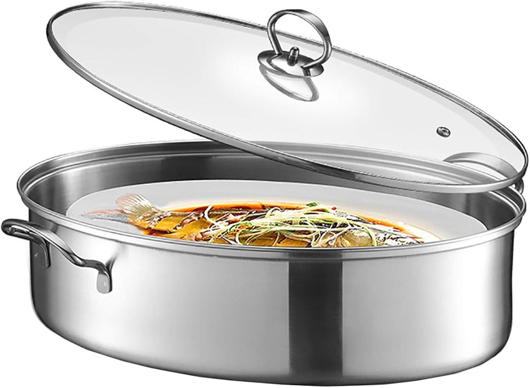 Eglaf 8Qt Stainless Steel Fish Steamer - Multi-Use Oval Cookware with Rack, Ceramic Pan, Chuck - Stockpot for Steaming Fish, Boiling Soup