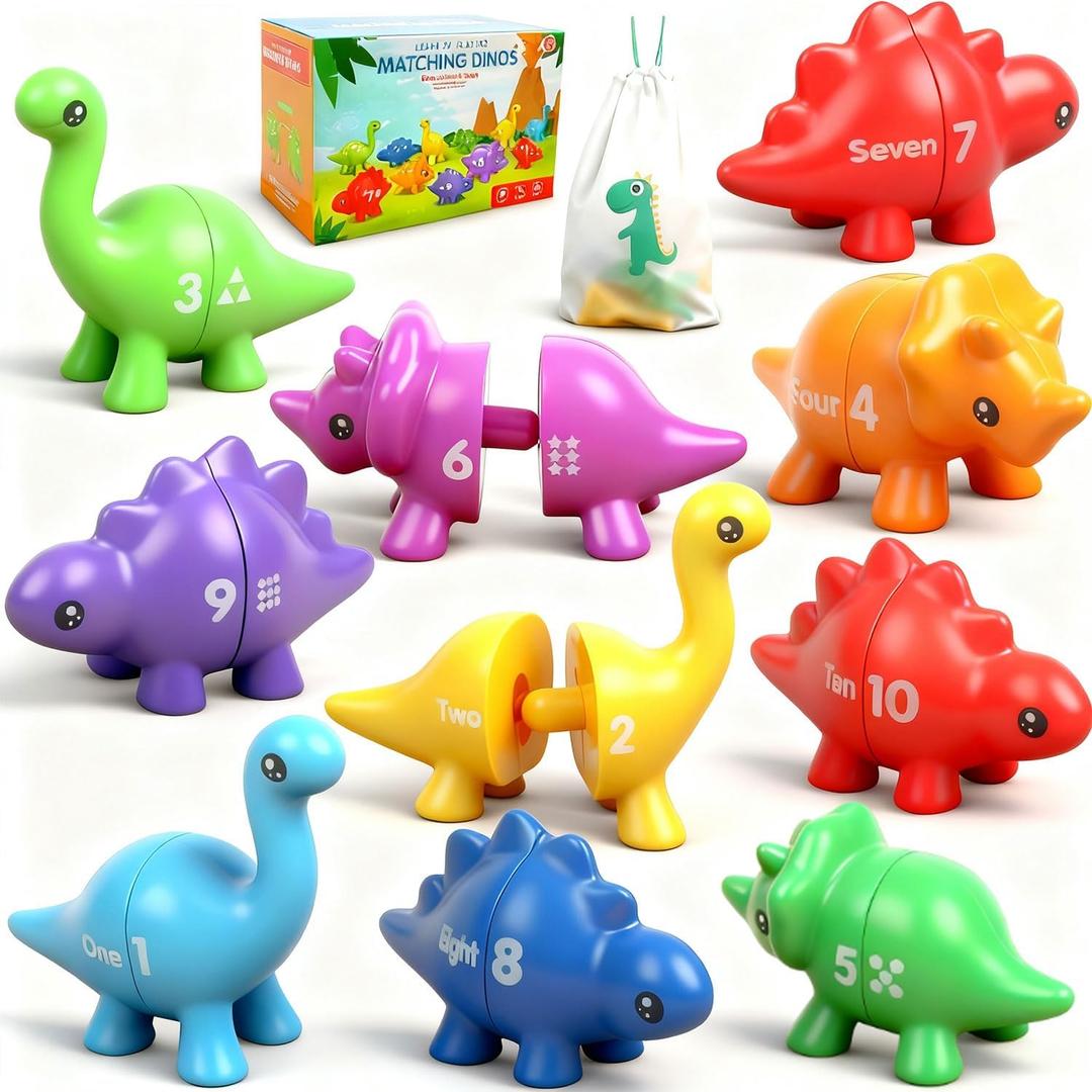 Numbers Matching Game 10 Pcs,123 Counting Dinosaur Toy Montessori Learning Toys for 12 Months Toddlers Kids Ages 1 2 3 4 5 Years Old, Mathematics Educational Preschool Fine Motor Skill Dinosaur Set
