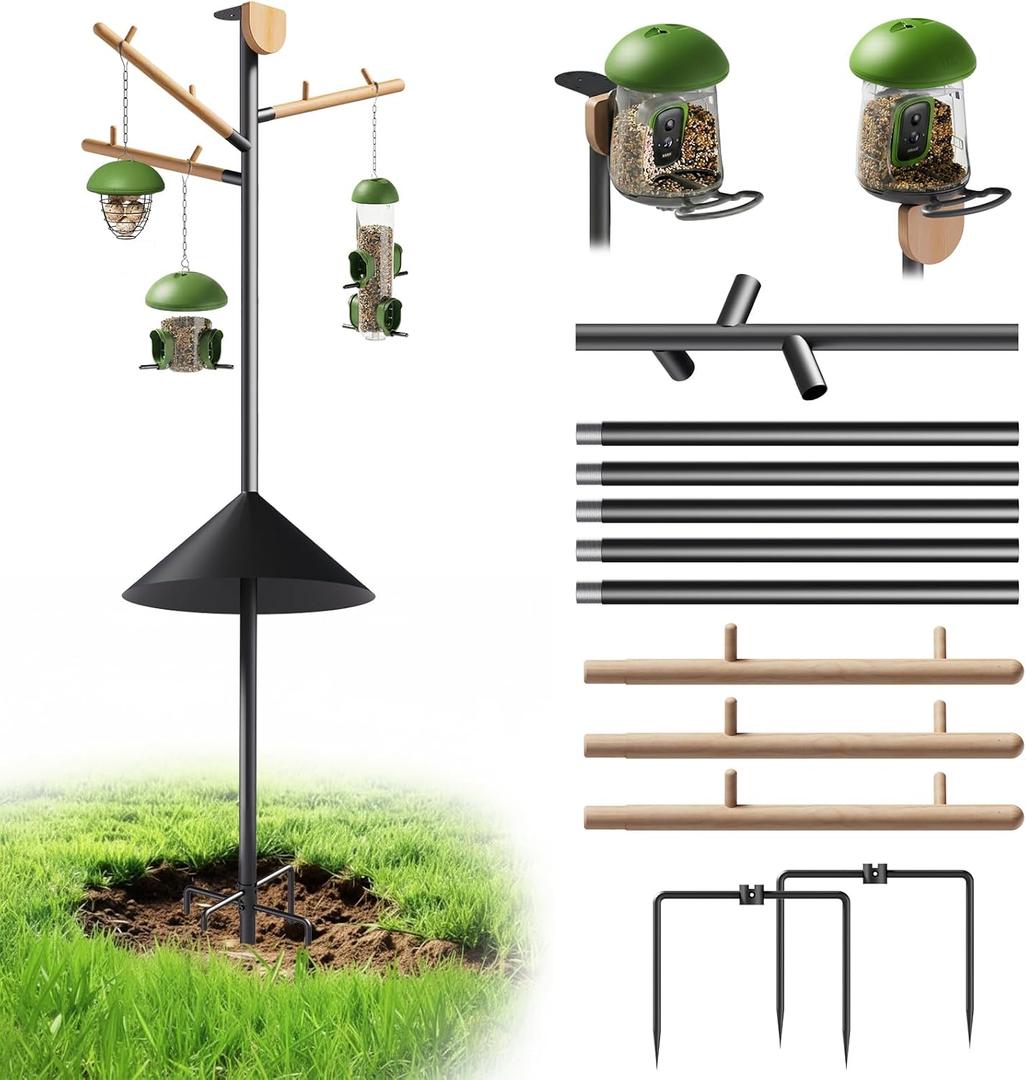 LONA Heavy Duty Bird Feeder Pole - 105 Inch Adjustable Height with 0.9-Inch Dia Bird House Pole Mount Kit for Outdoors, Squirrel Proof Baffle, 5-Prong Base, Bird Feeder Stand for Hanging Feeders