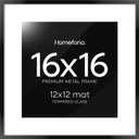 Homeforia 16x16 Picture Frame Black, High End Metal 16x16 Square Poster Frame Matted to 12x12 Print, 16 x 16 Black Frames with Mat 12 x 12 Photo, 16by16 Thin Frames, Tempered Glass, Wall Kit, Set of 1