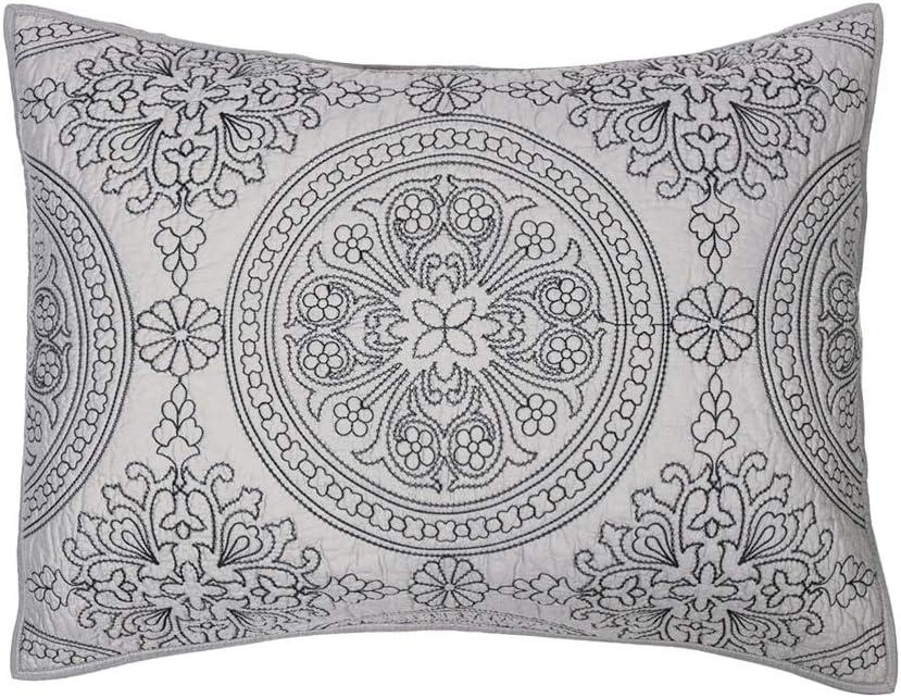 ELEGANT LIFE HOME 100% Cotton Medallion Embroidered Standard Pillow Sham 20 x 26 inches, Gray, 1 Piece
