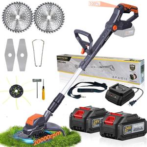 Electric Weed Wacker Cordless,24V Weed Cordless Eater Battery Powered,Weed Cutter with 2Pcs 4.0Ah Batteries,1300W Motor,2 Types Blades,Grass/String Trimmer Lawn for Yard and Garden (Gray)