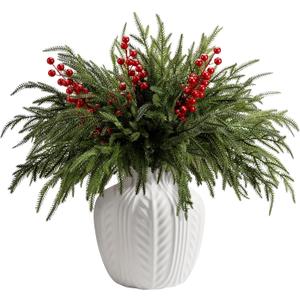 25 Pcs Christmas Norfolk Pine Branches with Red Berry Stems, 19" Extra Long Fake Greenery Norfolk Pine Stems Sprigs, Artificial Xmas Branches Plants Pine Leaves for DIY Craft Garland Home Decor