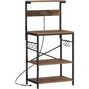 SUPERJARE Kitchen Bakers Rack with Power Outlet, Coffee Bar Table 4 Tiers, Kitchen Microwave Stand with 6 S-shaped Hooks, Storage Shelf Rack for Spices, Pots and Pans - Rustic Brown