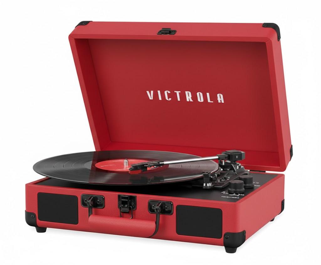 Victrola Journey Bluetooth Portable Suitcase Record Player with Built-in Speakers, 3 Speed Vinyl Record Player, RCA Out, Headphone Jack (Red)