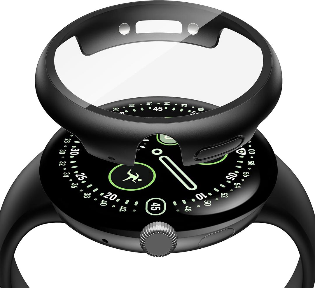 Misxi 2-Pack Shockproof Case with Screen Protector Compatible for Google Pixel Watch 4 (2025) 45mm, Direct Charging High Sensitivity Curved Protective Cover with Tempered Glass for Pixel Watch 4, Black