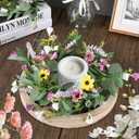 6 Pcs 9" Small Spring Wreath for Kitchen Cabinet Floral Wedding Candle Rings Wreaths Spring Summer Wildflower Wreath with Ribbon for Pillars Front Door Porch Wall Window Farmhouse Party Home Decor