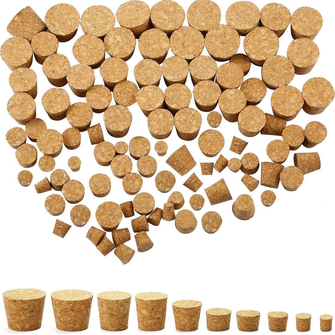 Jetec 100 Pack Assorted Cork Stoppers Bottle Corks Plugs 10 Sizes Replacement Tapered Wooden Stoppers for Apothecary Jar Small Bottle DIY Projects