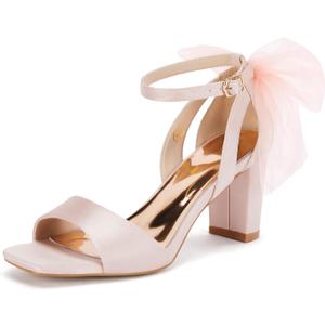 Coutgo Women's Bow Tie Heeled Sandals Chunky Heels One Strap Satin Ankle Buckle Dress Wedding Shoes, Pink, Size 8