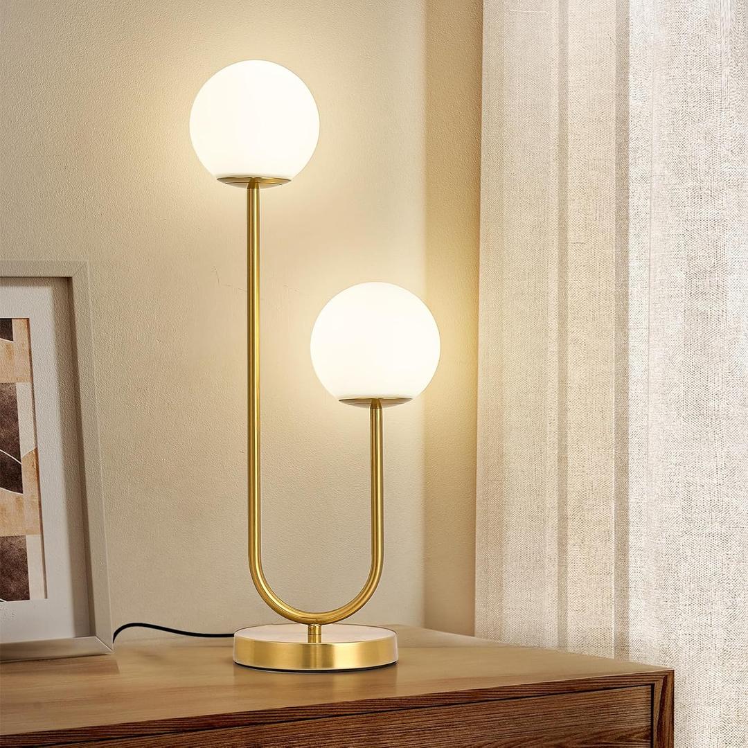 Mid Century Modern Globe Table Lamp Gold U-Shape Glass Table lamp 2-Globe Bedside Lamp with LED G9 Light Source Ideal for Bedroom & Office