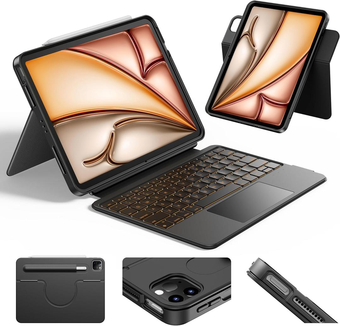 HOU iPad Air 11 Case with Keyboard (M4/M3/M2) Detachable Rotatable Magnetic Full Protection Case, 7-Color Backlight, Touchpad, Elastic Pen Holder for iPad Pro 11 (4th-1st) & Air (5/4th)Black