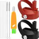 Straw Lid for Hydro Flask Wide Mouth,2PACK Lids with Straw for Hydroflask 12 16 18 20 32 40 oz Wide Mouth,Leak-Proof Drinking Cap with Flexible Handle,Top Sport Bottle Lids with Lid Brush (Black+Red)