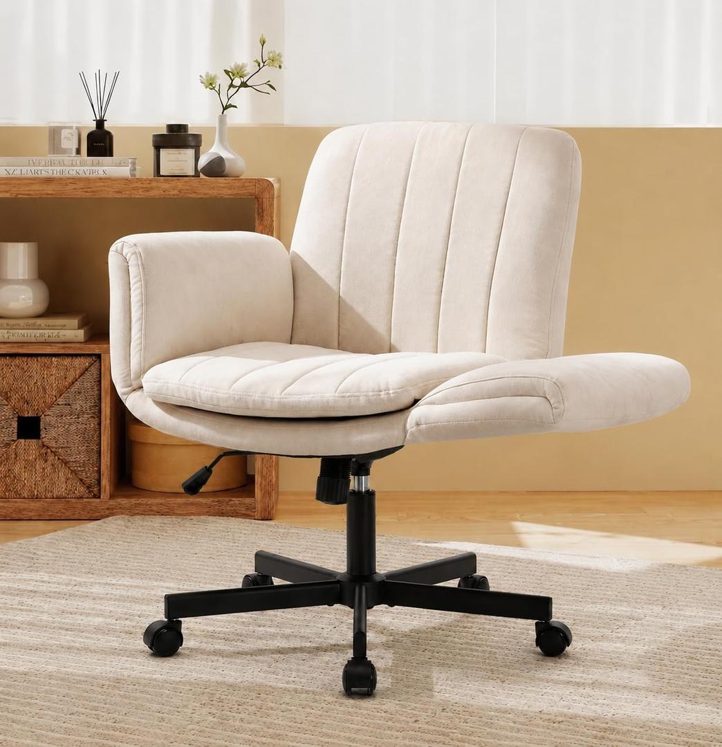Criss Cross Office Chair with Wheels and Arms, Vanity Chair with Back, Comfy Swivel Cross Legged Office Chairs for Ultimate Comfort and Support, Unique Multifunctional Stylish Arms (Beige), Standard