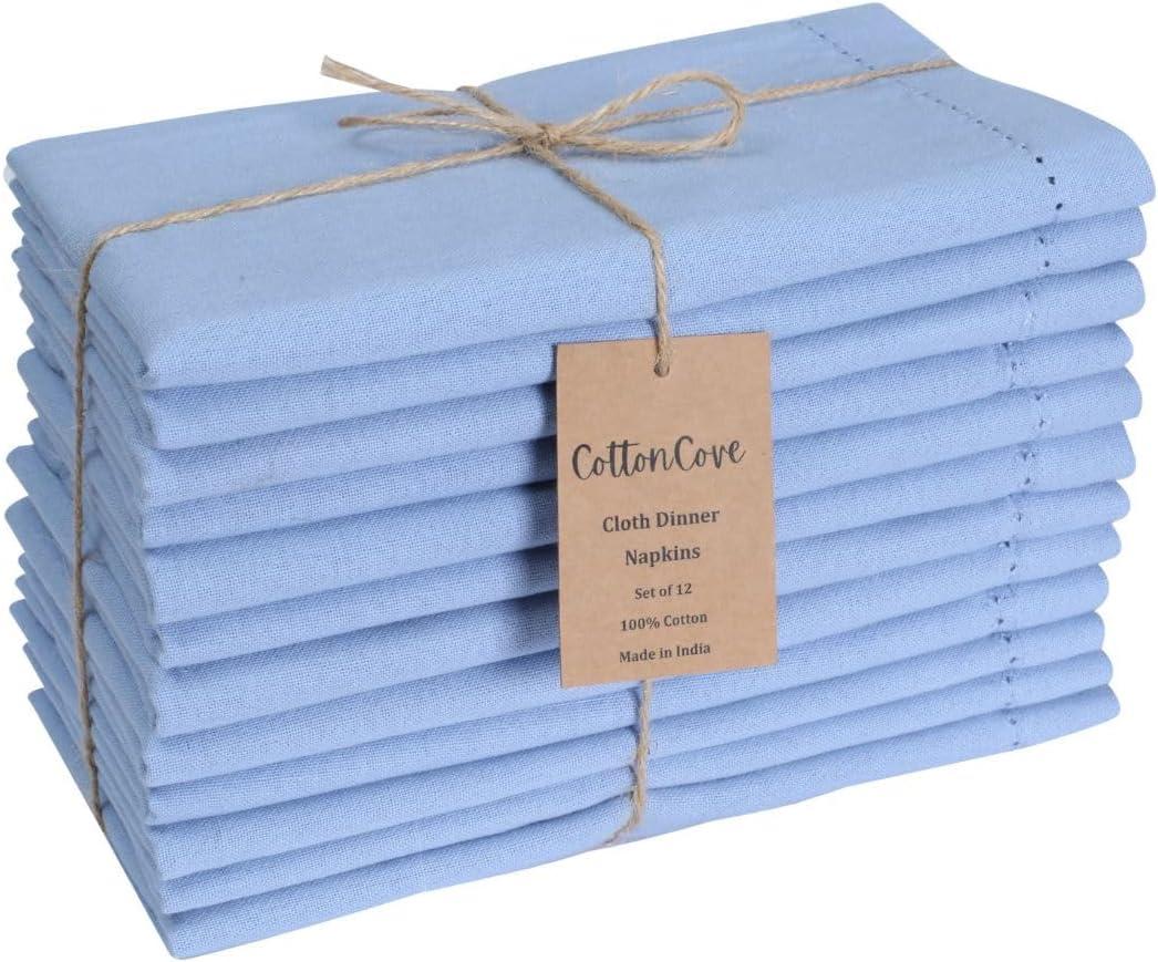 Hemstitch Cloth Dinner Napkins Cotton Set of 12 - Soft Durable Washable - Ideal for Farmhouse Parties Wedding Christmas Easter - Perfect Everyday Use Table Cloth Napkins 18x18 Light Blue