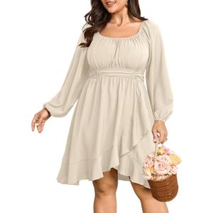 SCOMCHIC Women Plus Size Fall Dresses Long Sleeve Square Neck Ruffle Hem Flowy A-Line Cocktail Wedding Guest Mini Short Dress (Gray, XXXL)