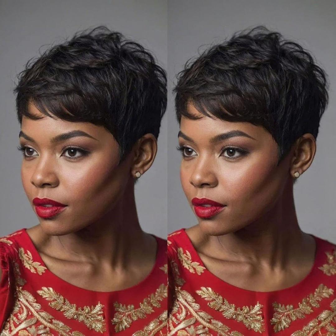 FCHW Black Short Wig For Black Women Hairstyles Synthetic Women's Wig With Bangs No Lace Front Curly Hair Wig 2inch Pixie Cut Wig
