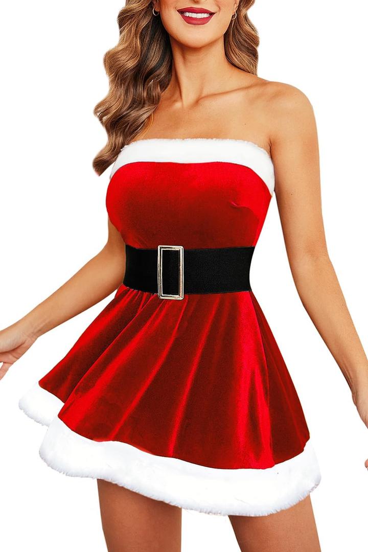 Avidlove Christmas Dress Santa Clause Outfit Mini Dress Casual Swing Dress with Santa Belt (Small, Red)