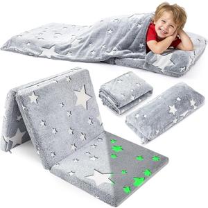 Toddler Nap Mat with Removable Pillow and Blanket, 21" x 50" Foldable Floor Mattress for Kids in Thickness 1.97", All-in-one Sleeping Bag for Preschool Daycare Travel Camp