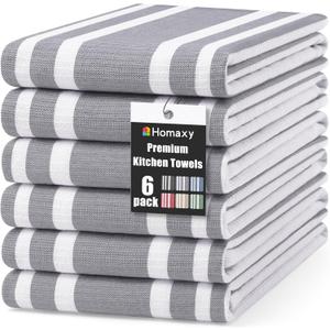 Homaxy Premium Kitchen Towels 18x 28, Large Cotton 380 GSM Kitchen Hand Towels, Stripe and Terry Dish Towel, Highly Absorbent Tea Towel Set with Hanging Loop, 6 Pack, Grey