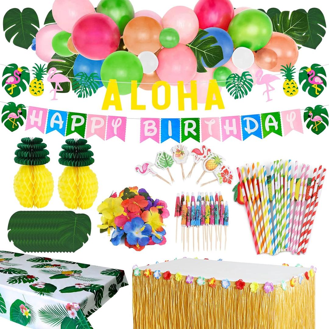 Tropical Luau Party Decoration Pack Hawaiian Beach Theme Party Flamingo Pineapple Dcors Multi Scene Luau Party Supplies (135pcs) Happy Birthday & Aloha Felt Banner Table Skirt Disposable Tablecloth