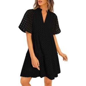 PRETTYGARDEN Eyelet Dresses for Women 2026 Summer Short Sleeve V Neck Hollow Out Ruffle A Line Boho Beach Vacation Mini Dress (Black, S)