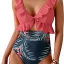 Eomenie One Piece Swimsuit for Women Tummy Control Ruffle Bathing Suit V Neck Ruched Swim Suit Slimming Cutout Swimwear (Medium, Pink Print)