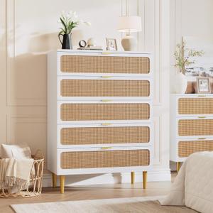 GarveeHome Rattan 5 Drawer Dressers for Bedroom, Tall Dresser with Deep Drawers, Large Chest of Drawers for Closet with Wide Top, Long Wooden Dresser for Living Room, Hallway, Kids Room, White (31.5"D x 16.1"W x 47.2"H (5 Drawers))