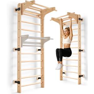 Swedish Ladder Wall Gym, Wooden Stall Bars with Pull-Up Bar-330LB