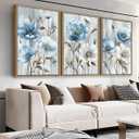 NINEASO Flowers Framed Canvas Wall Art - Blue White Flowers Pictures Abstract Floral Wall Decor Rustic Botanical Painting Farmhouse Print Artwork for Living Room Bedroom Home Office 24x36in*3 Natural