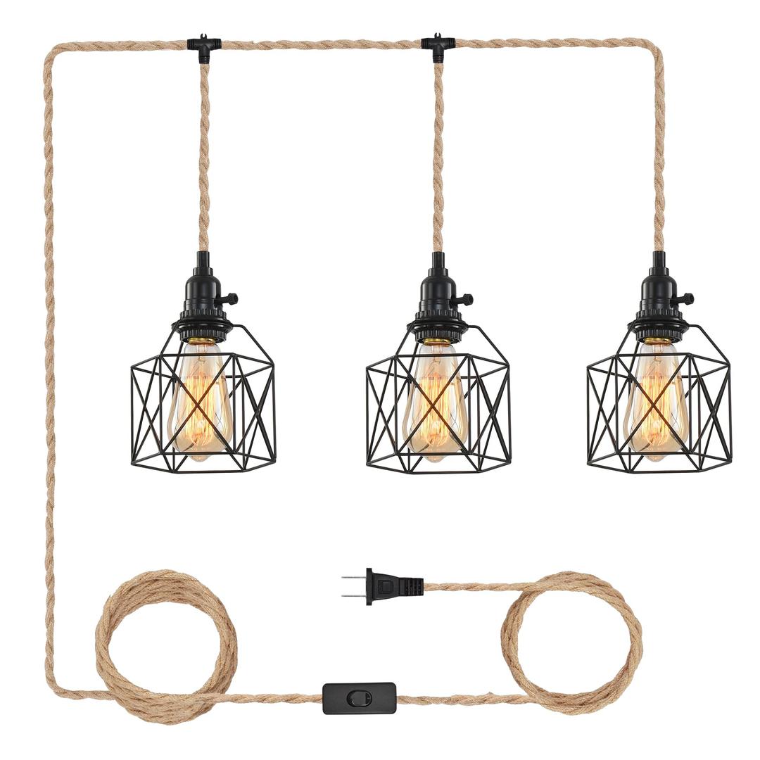 3-Light Hanging Light with Plug in Cord,Plug in Pendant Light Hemp Rope Pendant Lighting Vintage 3-Light Hanging Lamp Fixtures for Kitchen Island Living Room Bedroom