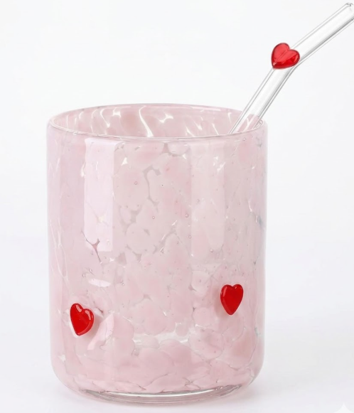 2 Pcs Pink Heart Icon Juice Glass 14 oz Heart Reusable Stemless Icon Drinking Glasses Cups with Straws and Gift Box for Birthday Wedding Party Supplies Gift
