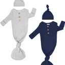 Newborn Knotted Sleep Gown with Hat, Soft Baby Nightgown with Mitten Cuffs, Hospital & Coming Home Outfit (X-Small, Hawthorn)