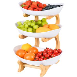 3 Tier Fruit Bowl for Counter, Serving Trays for Party, Fruit Basket Plastic Serving Bowls with Bamboo Stand, Dessert Display Vegetable Storage, Snack, Nuts(White)