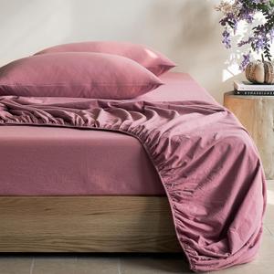 JELLYMONI Fitted Sheet Queen Cotton Maroon 1pc Easy-Fit 16 Inch Deep Pocket Sheet Bedding Sheet Solid 100% Washed Cotton Soft Breathable Durable Fitted Bed Sheet (60x 80+16) (01- Deep Rose)