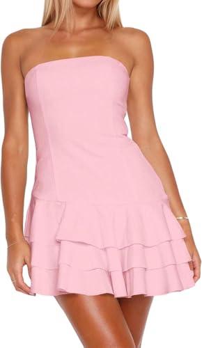 Ardrem Women Sexy Strapless Tube Dress Ruffle Tiered Mini Dresses Summer Off Shoulder Layered Dress Flowy Short Dresses 2025 Pink,M
