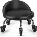 Rolling Stool with Backrest Low Height Rolling Stool with PU Leather, Roller Stool Chair, Roller Seats for Home, Office, Garage, Shop, Library (3.2" h Casters) Black