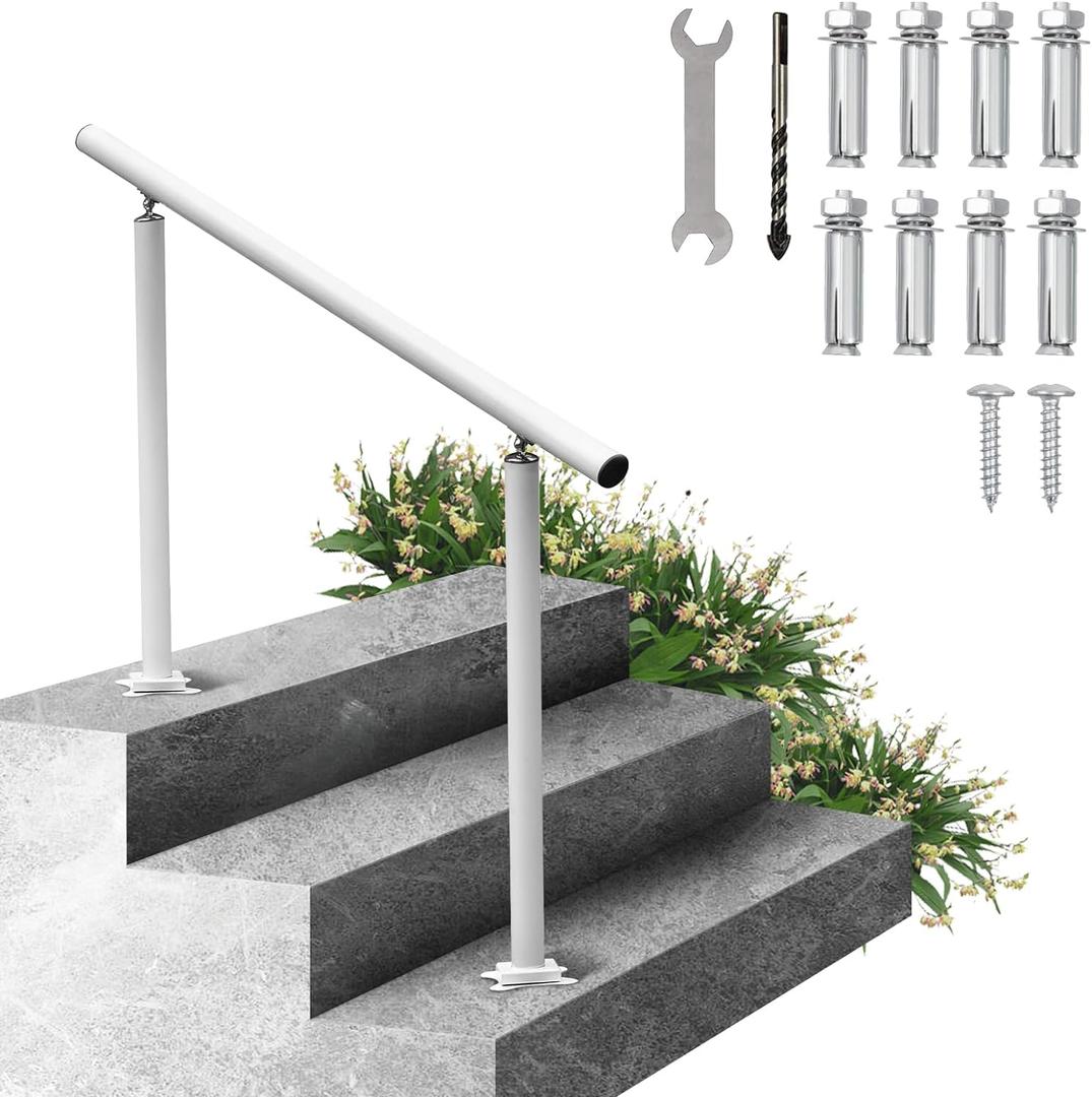 VEVOR Outdoor Steps Handrail, 2-3 Steps White Round Adjustable Aluminum Staircase Railing for Porch & Deck