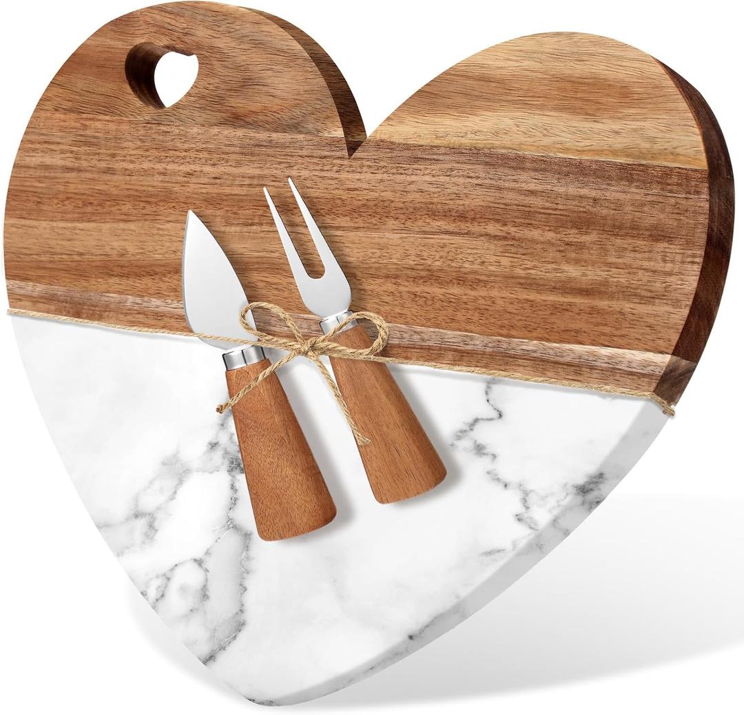 Patelai Heart Shaped Marble Charcuterie Cutting Serving Board for Women 12'' Wood and Marble Cheese Board with Cheese Utensils for Wedding Anniversary Housewarming Gifts