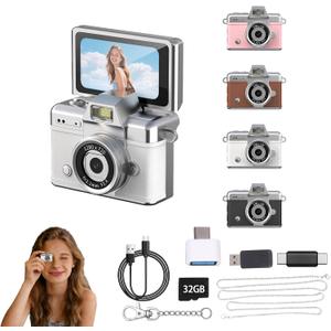 Mini Keychain Camera,1080P Mini Digital Camera,Retro Flip Screen Small Bodycam,Pocket-Sized with Adapter and 32GB Card (Expandable to 128GB),Novelty Gadgets,for Kid,Travel,Vlog,Collection