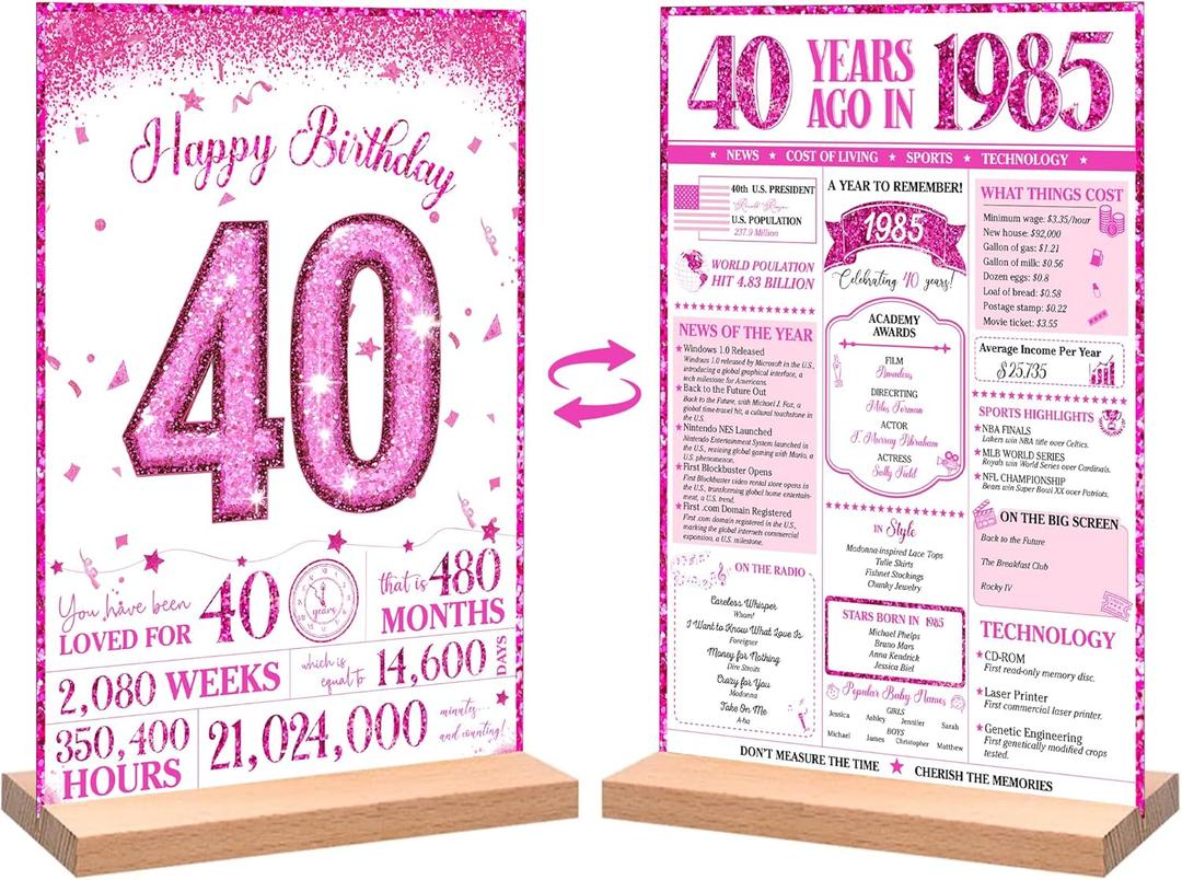 40th Birthday Party Decorations for Women, Sweet Pink Glitter in 1985 Birthday Decor Poster Acrylic Table Sign, 40th Birthday Party Supplies, Double-Sided