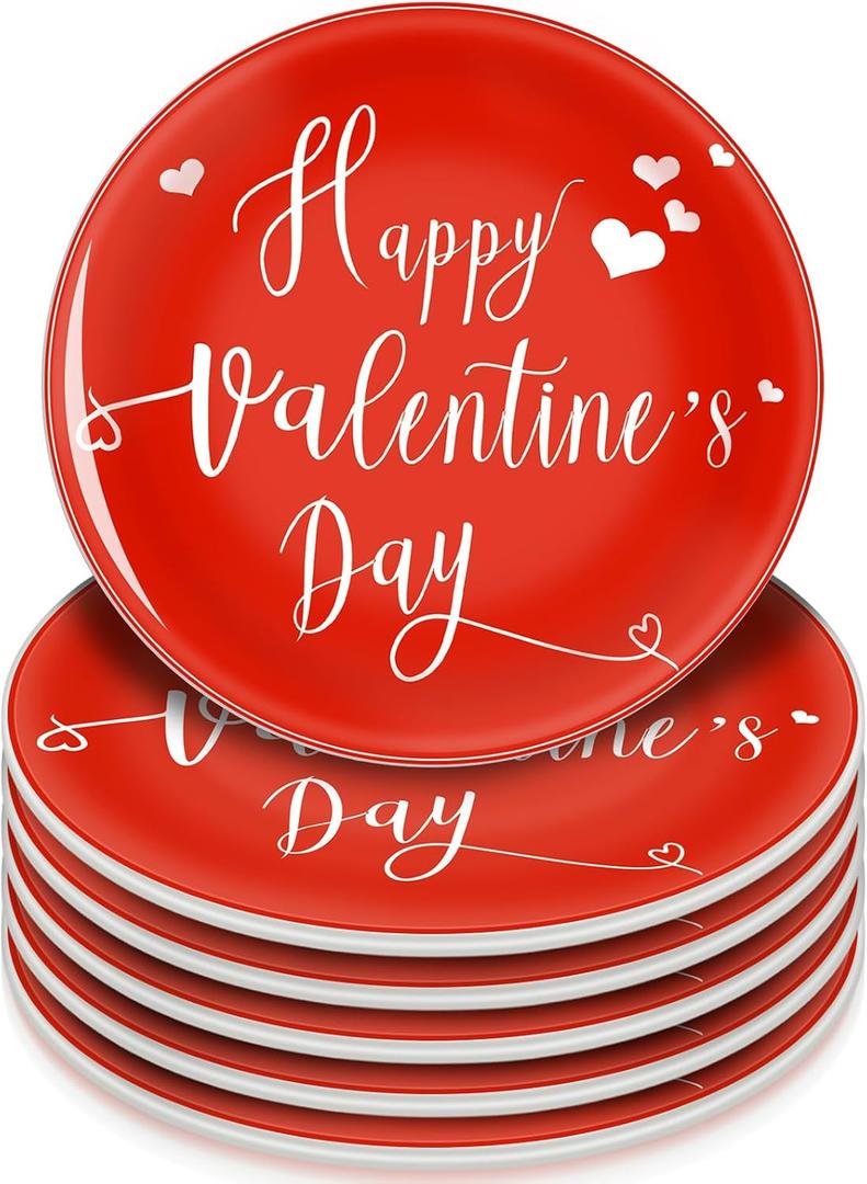 Funnymoom 6 Pack 6 Inch Happy Valentine Heart Ceramic Plates Red Heart Tableware Reusable Dinnerware Dessert Plates for Valentine Celebration Wedding Party Supplies