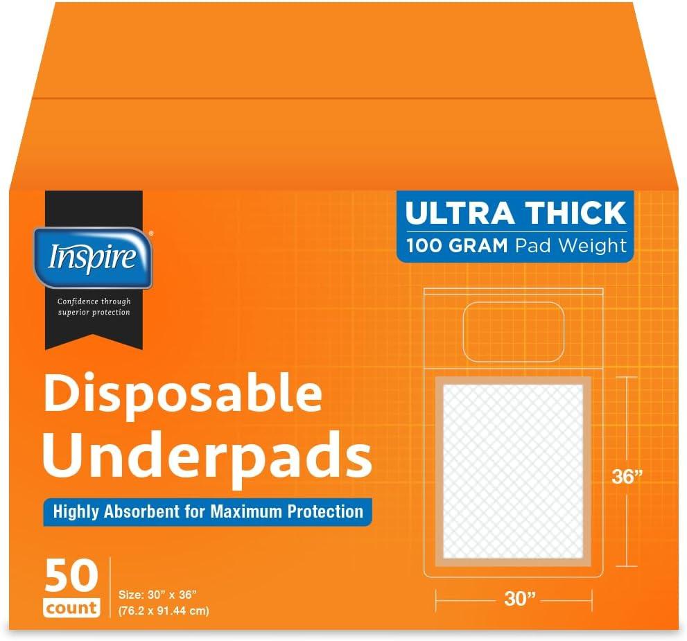 Inspire XL 30 x 36 Ultra 100 Grams Super Absorbent Bed Pads for Incontinence (50)
