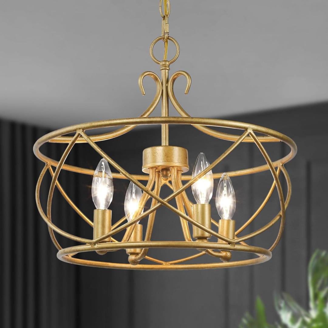 Chandelier for Living Room, 4 Light Drum Chandelier Modern Hanging Light Fixtures for Dining Room Bedroom Foyer (Gold)