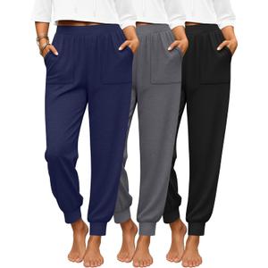 3 Pack Women's Lounge Joggers High Waist Yoga Pants Athletic Workout Pajama Comfy Tapered Sweatpants with Pockets (XX-Large, Black, Dark Gray, Dark Blue)