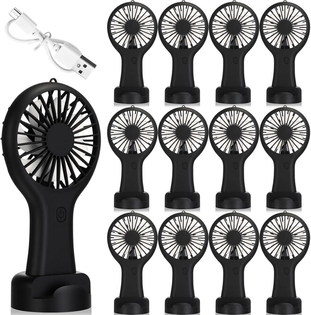 Woanger 12 Pcs Mini Handheld Fan Bulk 3 Speed USB Electric Battery Operated Small Portable Pocket Fan with Data Cable and Mounting Base Quiet Summer Gift for Wedding Camping Travel(Black)