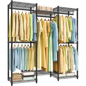 SONGMICS Heavy-Duty Clothes Rack, Garment Rack, Portable Closet, 56.9-Inch Wide Clothing Rack, with Adjustable Mesh Shelves and Hanging Rails, Ink Black ULGR432B01