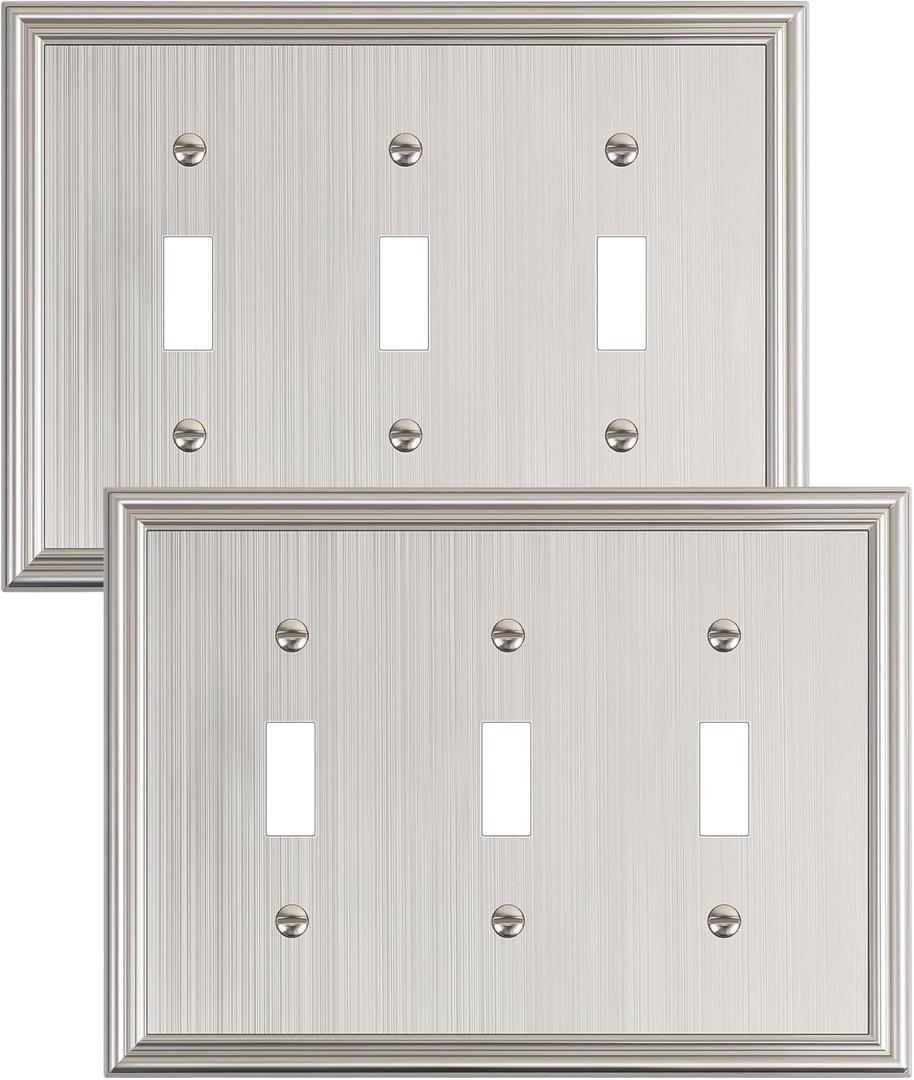 2-Pack Triple Toggle Light Switch Cover Plate, Durable Solid Zinc Alloy Decorative Switch Plate Covers, Brushed Nickel 3 Gang Wall Plate, Corrosion Resistant