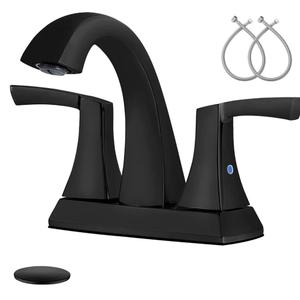 VXV Bathroom Faucet Matte Black, 2 Handles Low Arc Bathroom Sink Faucets, 4 Inch Centerset Bath Lavatory Faucets with Pop-up Drain & Faucet Supply Lines (MB)