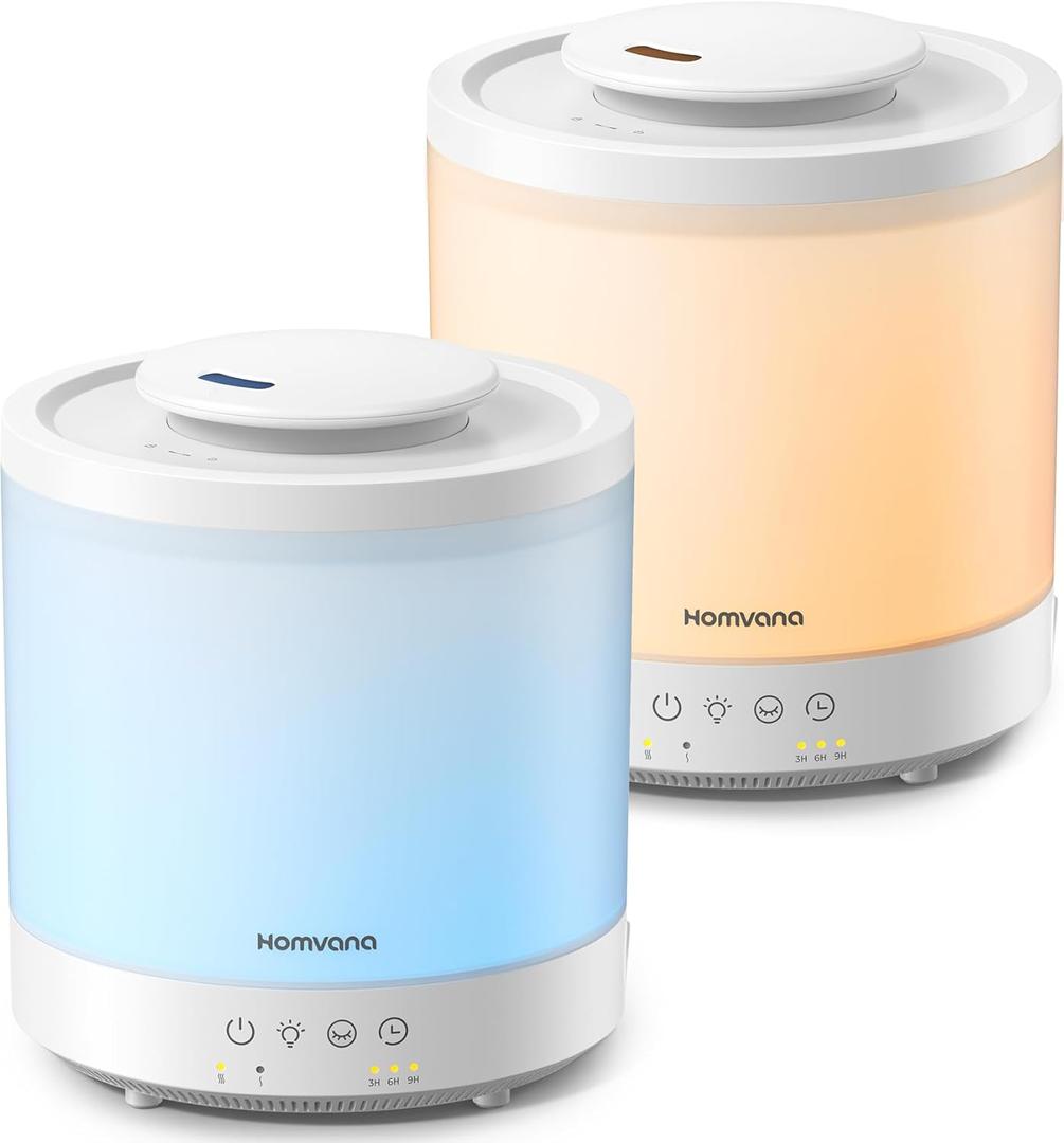 Homvana Small Humidifiers for Bedroom - 2 Packs 1.5L Cool Mist Top Fill Humidifier for Baby Nursery, Essential Oil Diffuser, 3 in 1 for Home Plants Offices and Grow Tents, 7 Color Lights, Ultrasonic